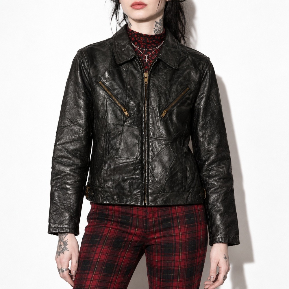 Y2k Patchwork Leather Utility Jacket Womens M Black Zip Front Biker Trucker Boho